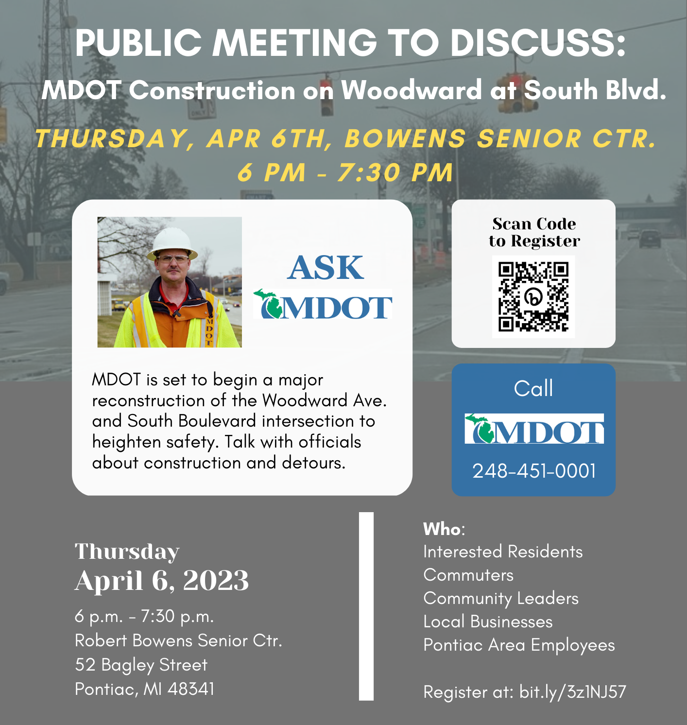 Public Meeting - April 6 to discuss MDOT Road Construction on Woodward at South Blvd. cropped